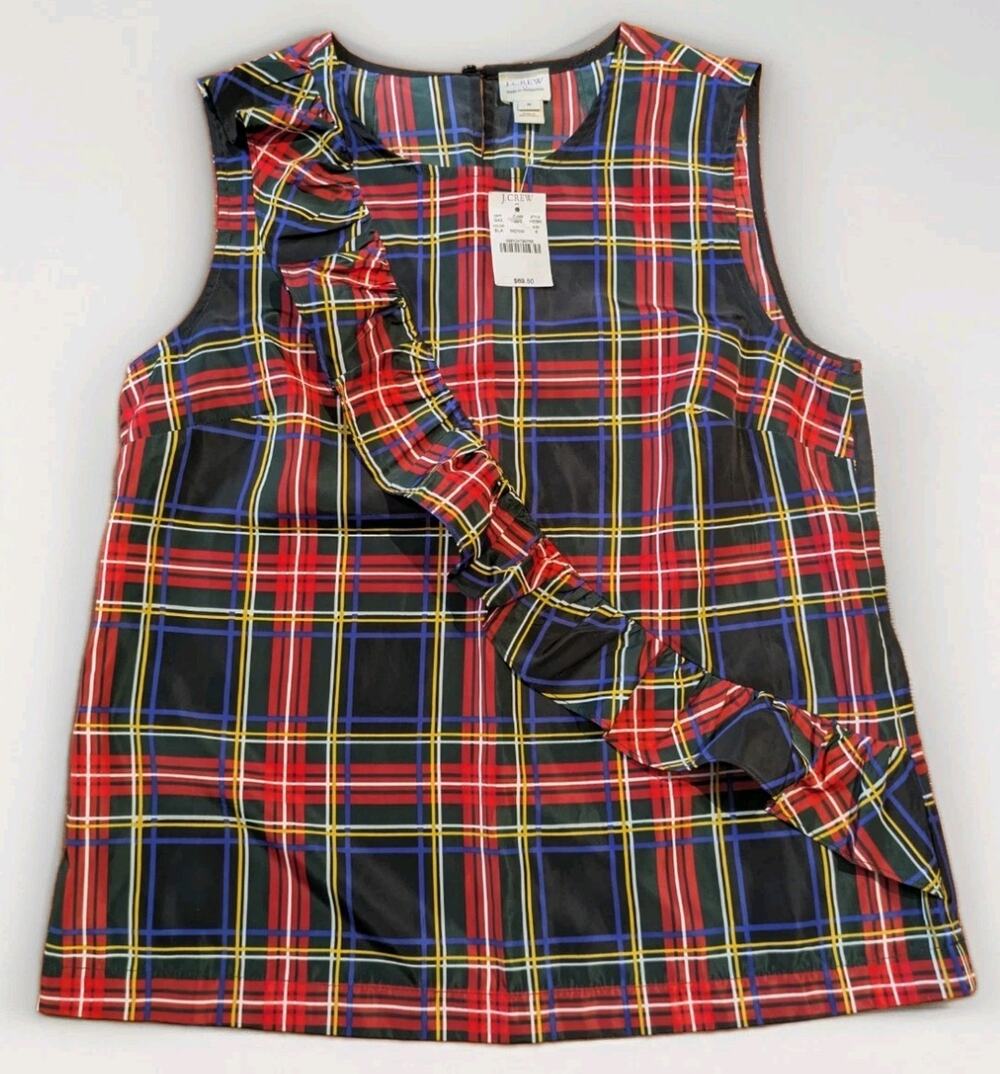 J.Crew Womens 8 Plaid Tartan Ruffle Sleeveless Blouse Top NWT $69.50 H2595